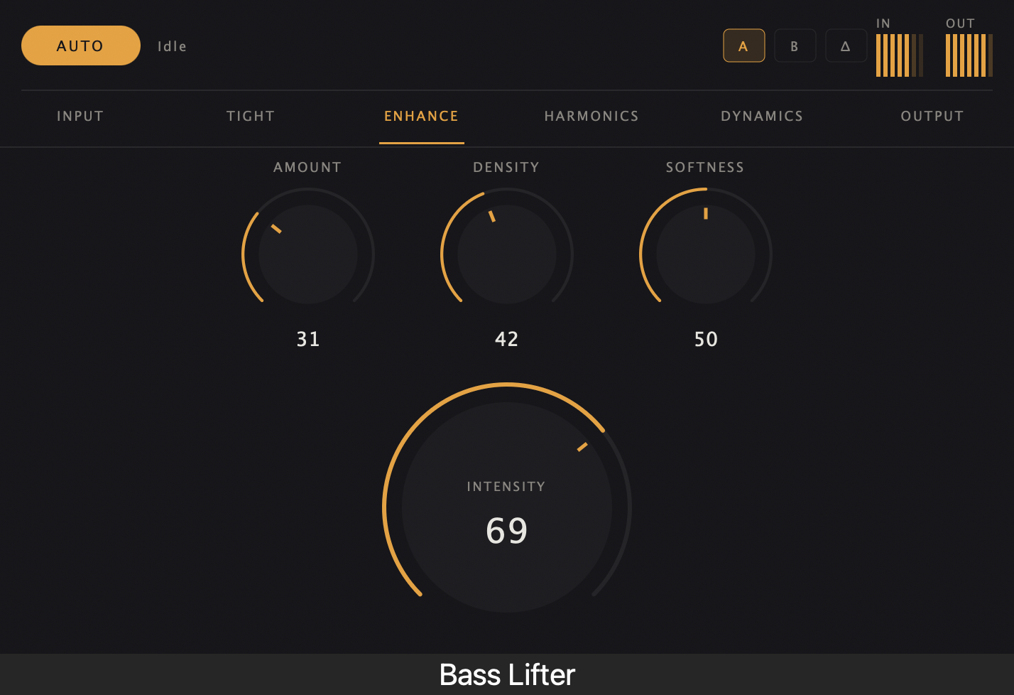 Bass Lifter plugin interface showing the Enhance page with Amount, Density, Softness, and Intensity controls.